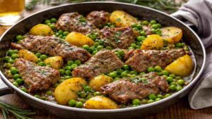 Agnello alla birra con patate e piselli in padella civitasonline.it