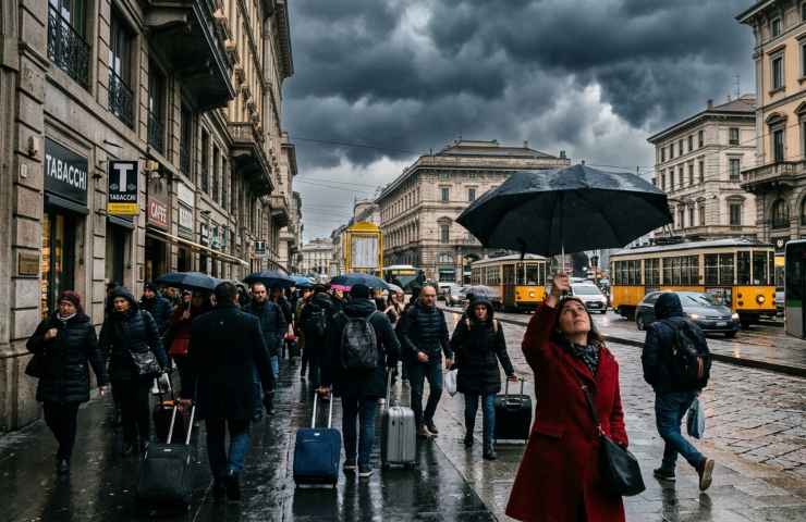 Folla con ombrelli e valigie sotto un cielo temporalesco a Milano di domenica, con tram e pioggia imminente.