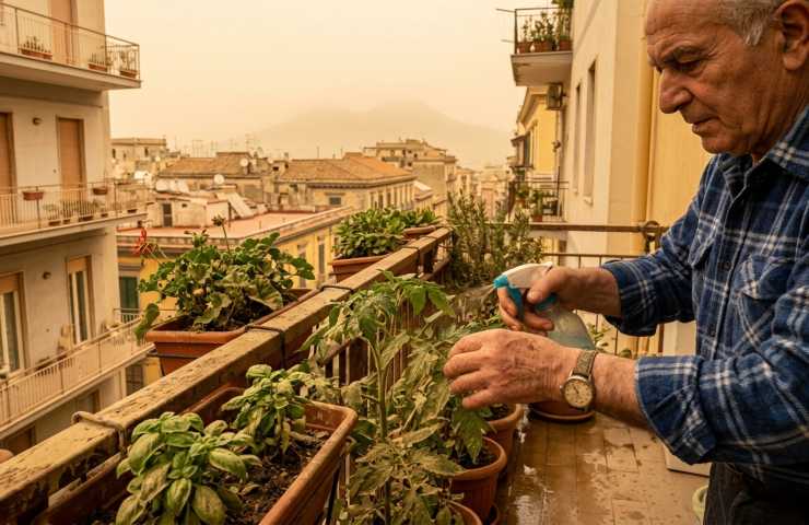Primo piano di un uomo anziano che, sul suo balcone a Napoli, usa uno spruzzino d'acqua per pulire le foglie piene di sabbia e polvere di una pianta di pomodoro in vaso. Lo sfondo mostra il panorama della città sotto un cielo arancione-giallo e coperto, con gli edifici sfocati a causa dell'atmosfera opaca.