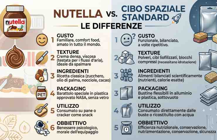 Infografica comparativa Nutella vs Cibo Spaziale: differenze tra comfort food e alimentazione astronauti missione Artemis II NASA.