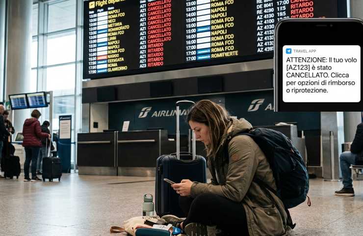 Passeggera in attesa in aeroporto durante lo sciopero aereo del 10 aprile 2026 con notifica di volo cancellato su smartphone e tabellone partenze.