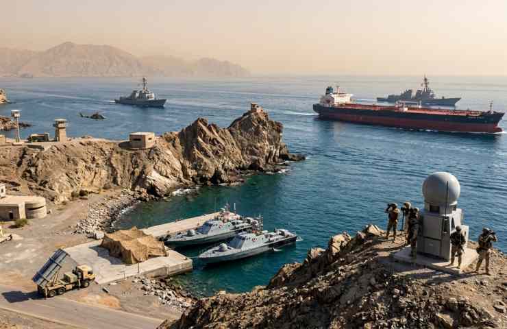 Postazione militare iraniana con sistemi radar e missilistici che sorveglia il transito di petroliere nello Stretto di Hormuz, aprile 2026.