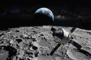 Immagine fotorealistica della navicella NASA Orion in orbita durante il sorvolo del 6 aprile 2026. La capsula vola sopra i crateri del lato lontano della Luna, con la Terra visibile sullo sfondo come un'Earthrise.