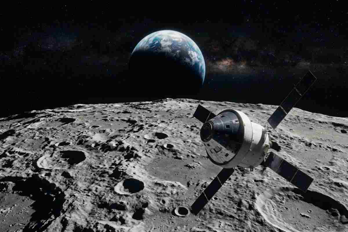 Immagine fotorealistica della navicella NASA Orion in orbita durante il sorvolo del 6 aprile 2026. La capsula vola sopra i crateri del lato lontano della Luna, con la Terra visibile sullo sfondo come un'Earthrise.