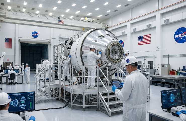 Navicella Orion NASA raffigurata in un laboratorio per test integrazione missione Artemis II.