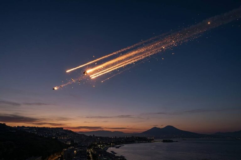 Scie luminose e detriti spaziali in caduta libera sopra il Golfo di Napoli e il Vesuvio all'alba. Fotografia realistica del rientro atmosferico di frammenti spaziali in Italia.
