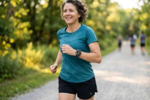Donna di mezza età che corre in un parco indossando uno smartwatch Garmin che mostra dati biometrici di longevità e recupero.