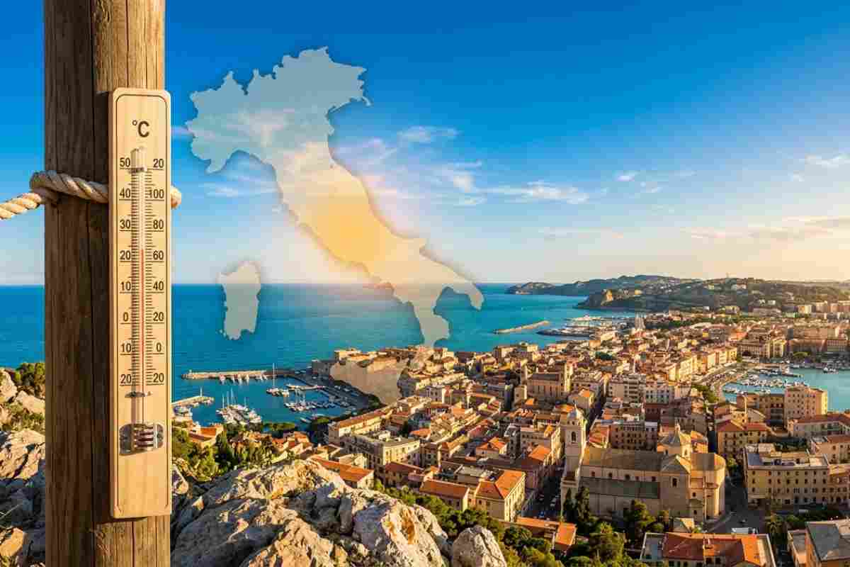 Termometro con temperature alte e mappa Italia su paesaggio soleggiato, previsioni meteo weekend aprile 2026.