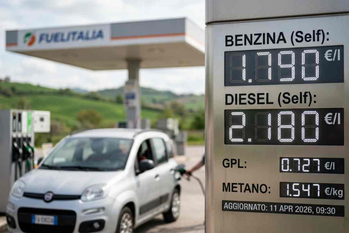 Totem prezzi carburanti 11 aprile 2026: Benzina 1,790 €/l, Diesel 2,180 €/l, GPL 0,727 €/l, Metano 1,547 €/kg. Auto Fiat Panda in rifornimento presso stazione di servizio FuelItalia. Foto realistica e aggiornata per news sui costi benzina e gasolio oggi in Italia.