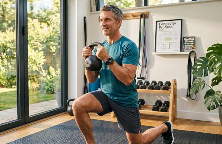 Uomo che esegue affondi con kettlebell in una palestra domestica monitorando HRV e recupero su uno smartwatch per il protocollo Longevity 2026.