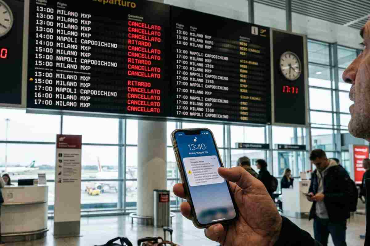 Tabellone voli cancellati in aeroporto italiano per sciopero aereo 10 aprile 2026 con passeggero che controlla notifiche su smartphone.