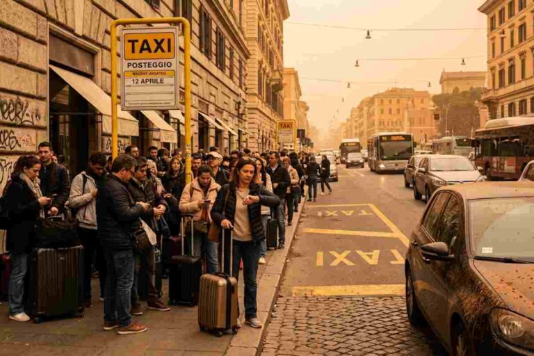 Folla di passeggeri con valigie in attesa al posteggio taxi durante lo sciopero del 12 aprile, con cielo arancione per la sabbia sahariana e auto sporca di fango.