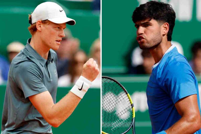 Jannik Sinner a sinistra e Carlos Alcaraz a destra in due pose di grinta ritratti in momenti diversi.