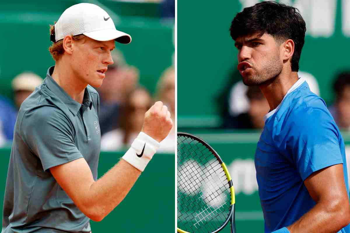 Jannik Sinner a sinistra e Carlos Alcaraz a destra in due pose di grinta ritratti in momenti diversi.